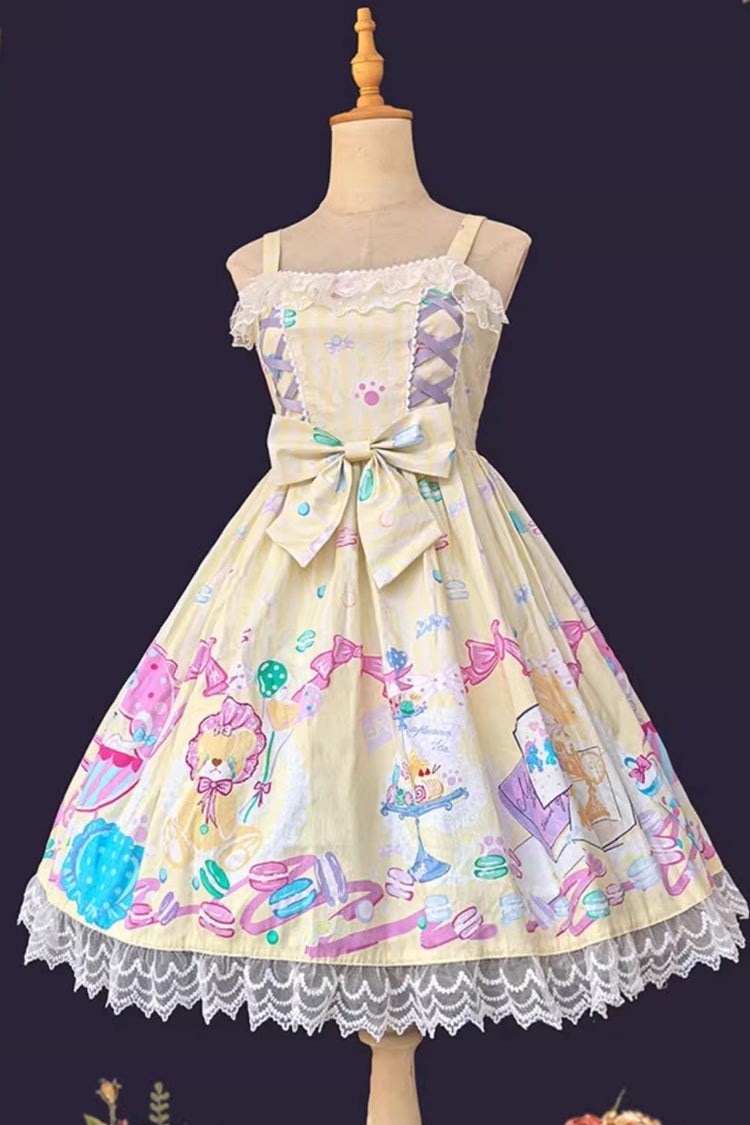 Macaron Dolly House Sleeveless Print Bowknot Lace-Up Sweet Lolita Jsk Dress 3 Colors