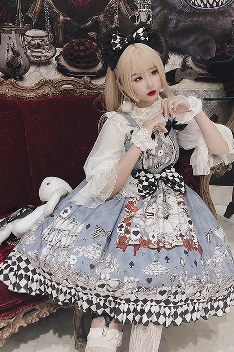 Multi-Color Blue Alice Bunny and Princess Party Print Sleeveless Bowknot Classic Gothic Lolita JSK Dress