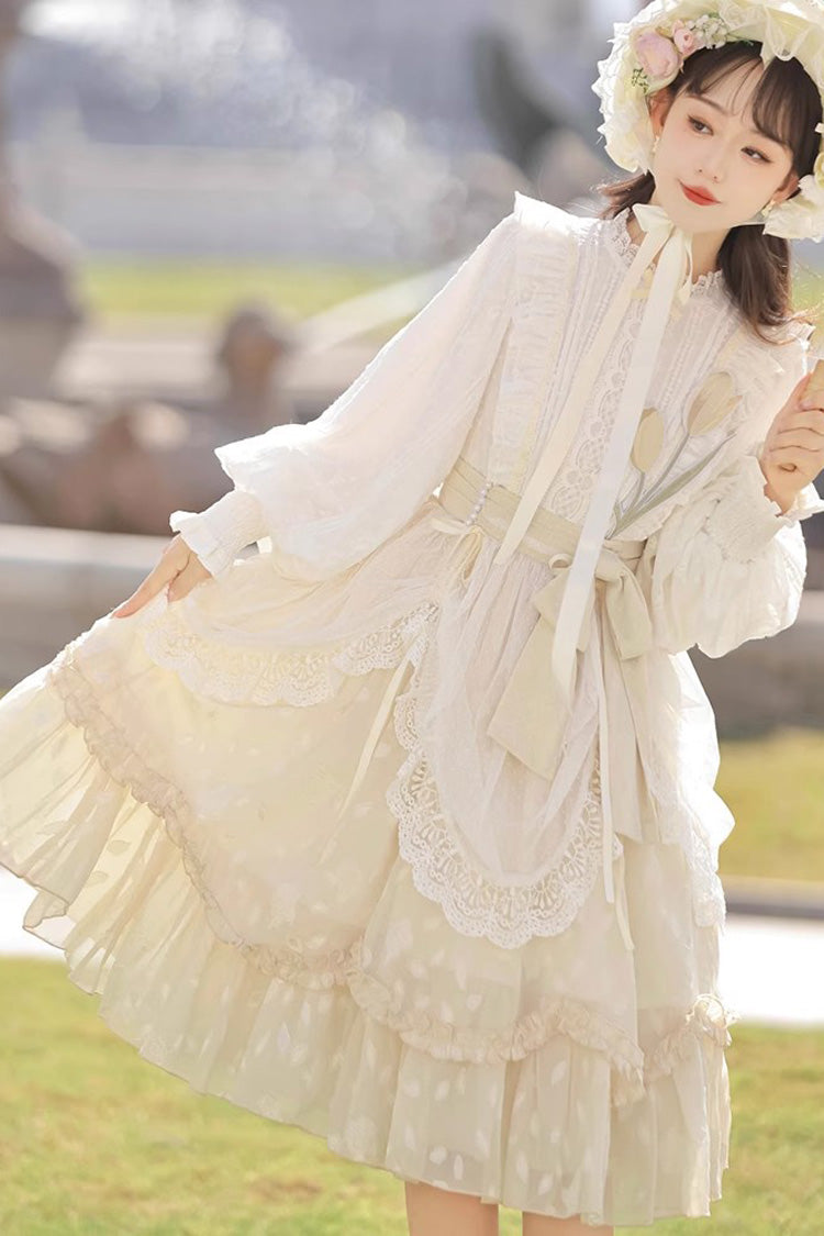 Ivory Stand Collar Long Sleeves Print Ruffle Sweet Princess Lolita Dress