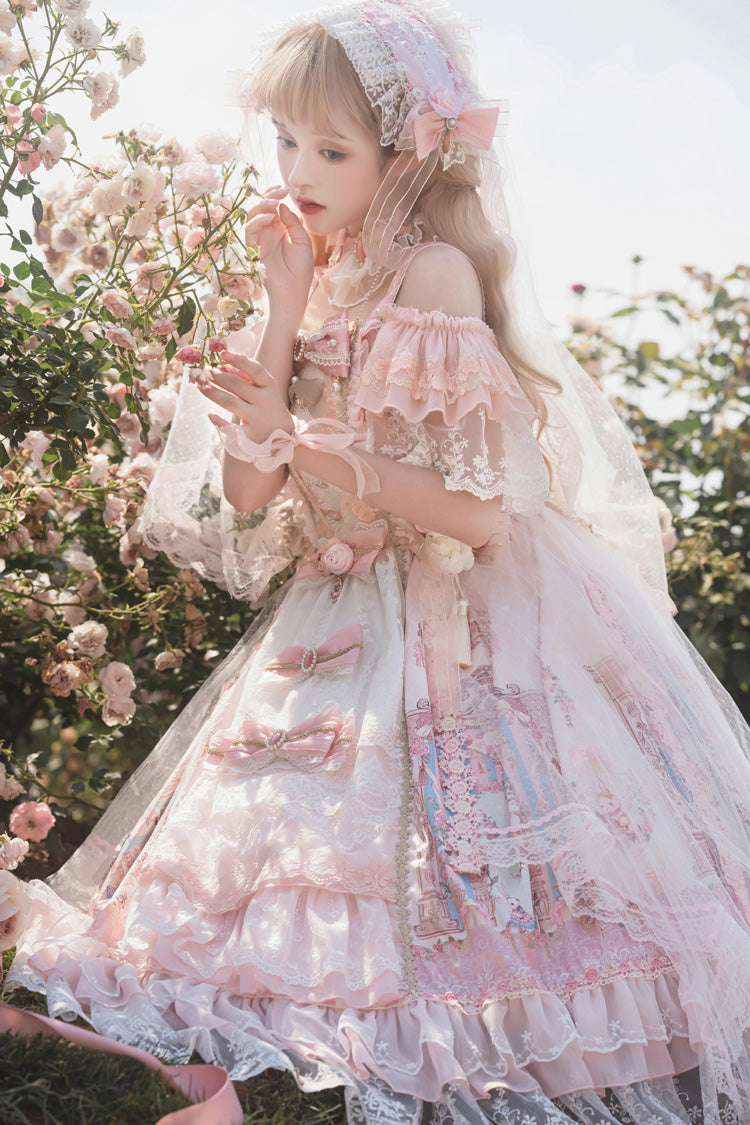 Pink Moonlight Melody Off Shoulder Sleeveless Multi-Layered Hanayome Open-Front Bow Lace Sweet Gorgeous Lolita Jsk Dress Set