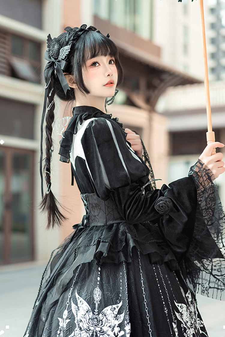 Black Feast of Bones Print Ruffle Bowknot Lace Gothic Elegant Lolita Long Dress