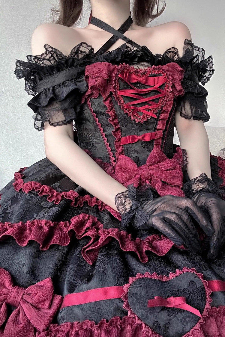 Black/Red Super Cute Belia Sleeveless Triple-Layered Ruffle Bowknot Lace Gothic Elegant Lolita Jsk Dress