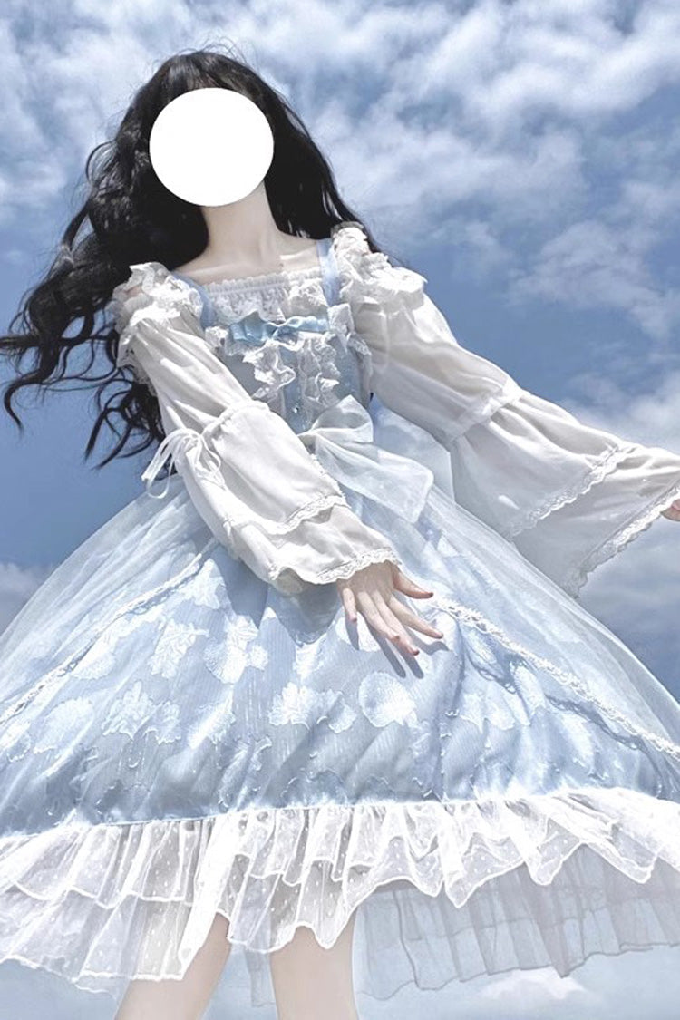 Light Blue Shell Jacquard Ruffle Bowknot Lace Sweet Lolita Jsk Dress