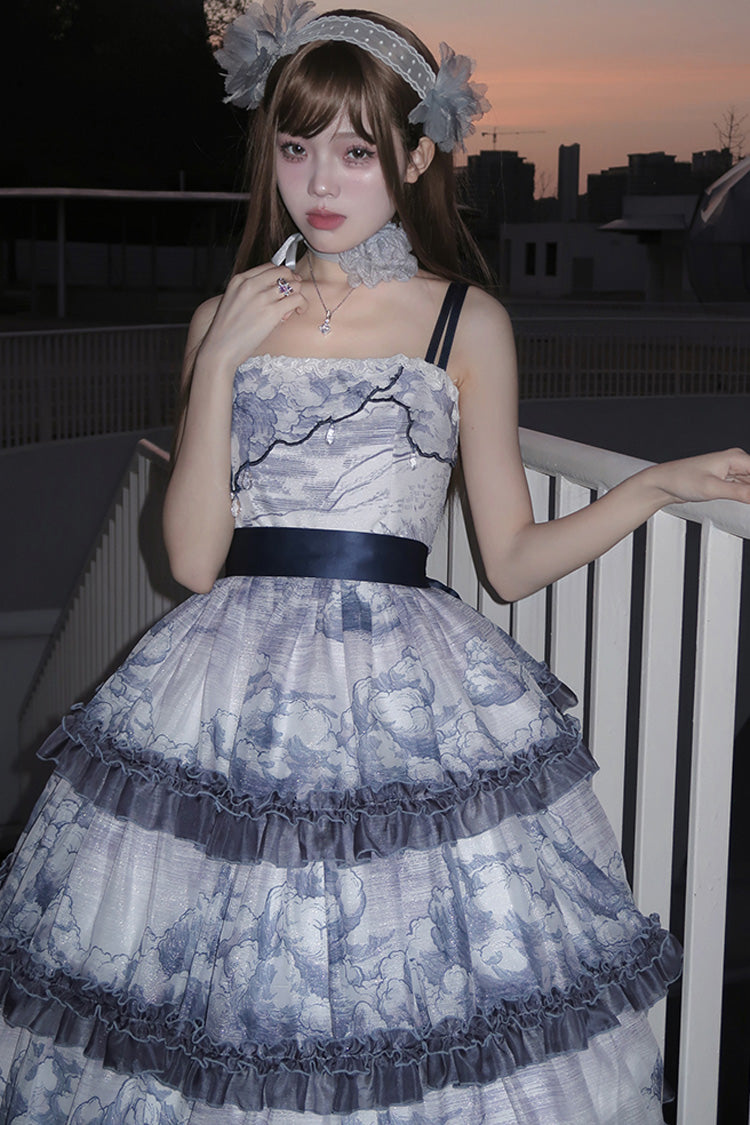 Multi-Color Multi-layer Cumulonimbus Print Ruffle Bowknot Sweet Lolita Jsk Dress