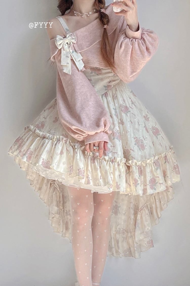 Pink Oblique Shoulder Print Ruffle Bowknot Lace Sweet Lolita Jsk Dress Set