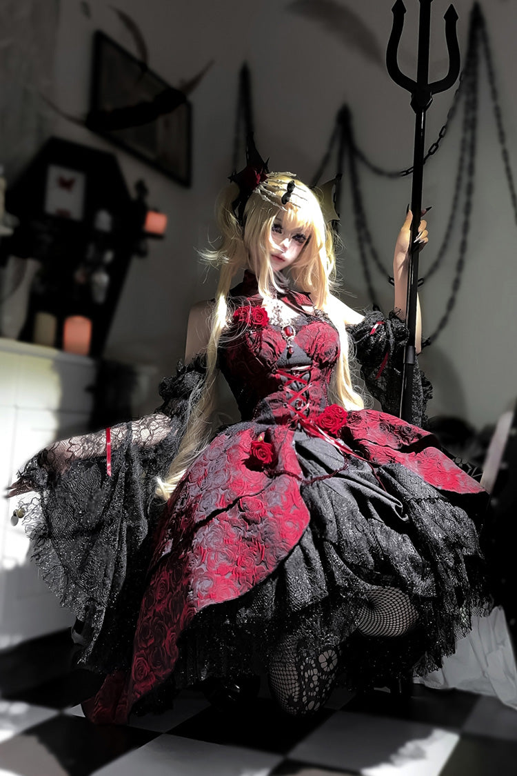 Black/Red Weeping Rose Jacquard Print Ruffle Cardigan Bowknot Lace-Up Gothic Lolita Dress