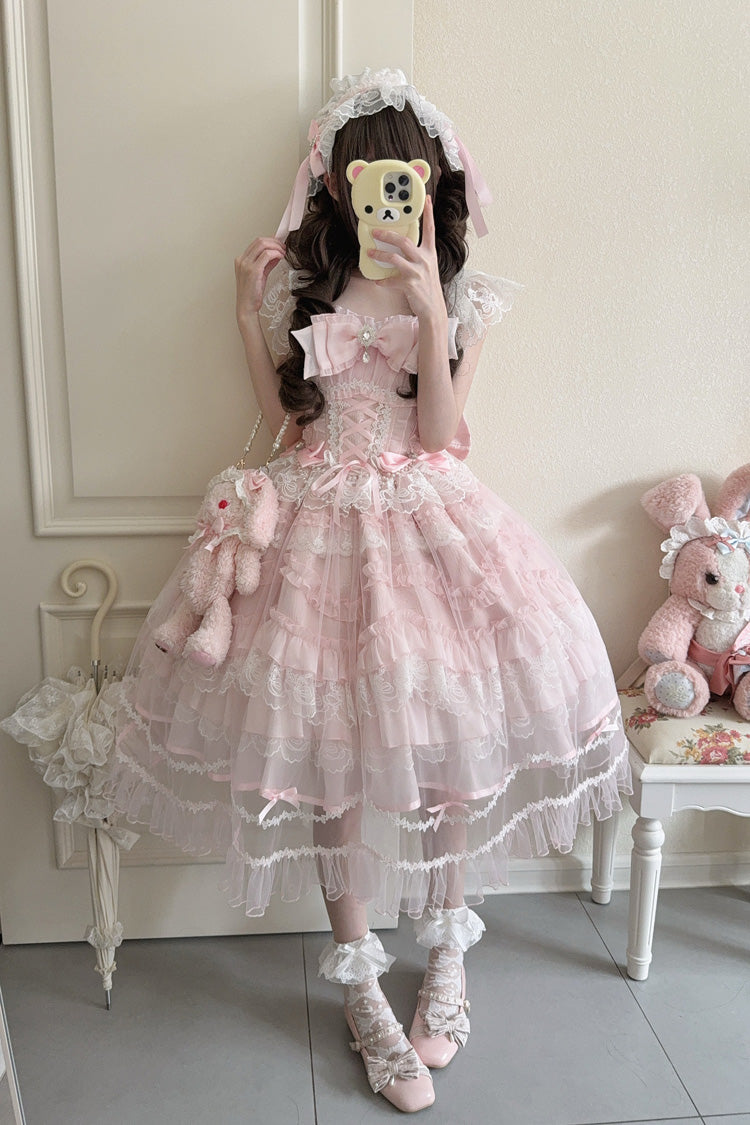 Pink Eternal Vow Sleeveless Multi-Layered Ruffle Hanayome Bowknot Lace Lace-Up Sweet Lolita Jsk Dress
