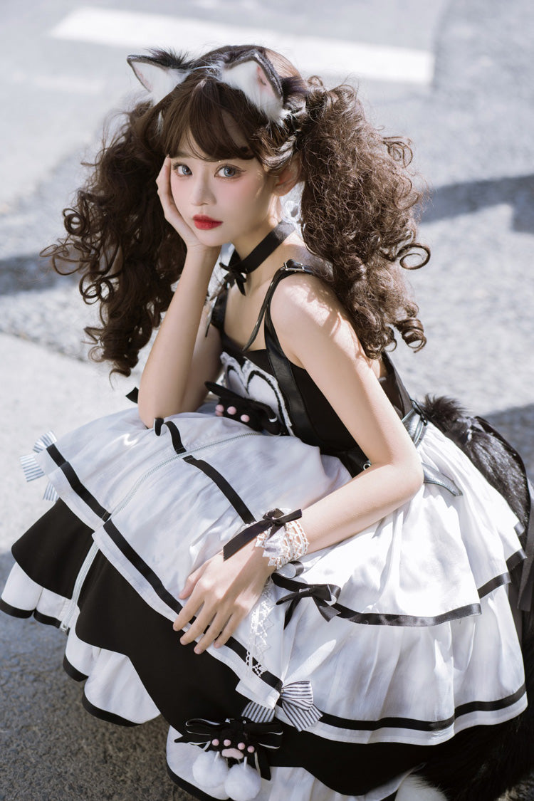Black/White Cat Fist Triple-Layered Ruffle Bowknot Sweet Lolita Jsk Dress