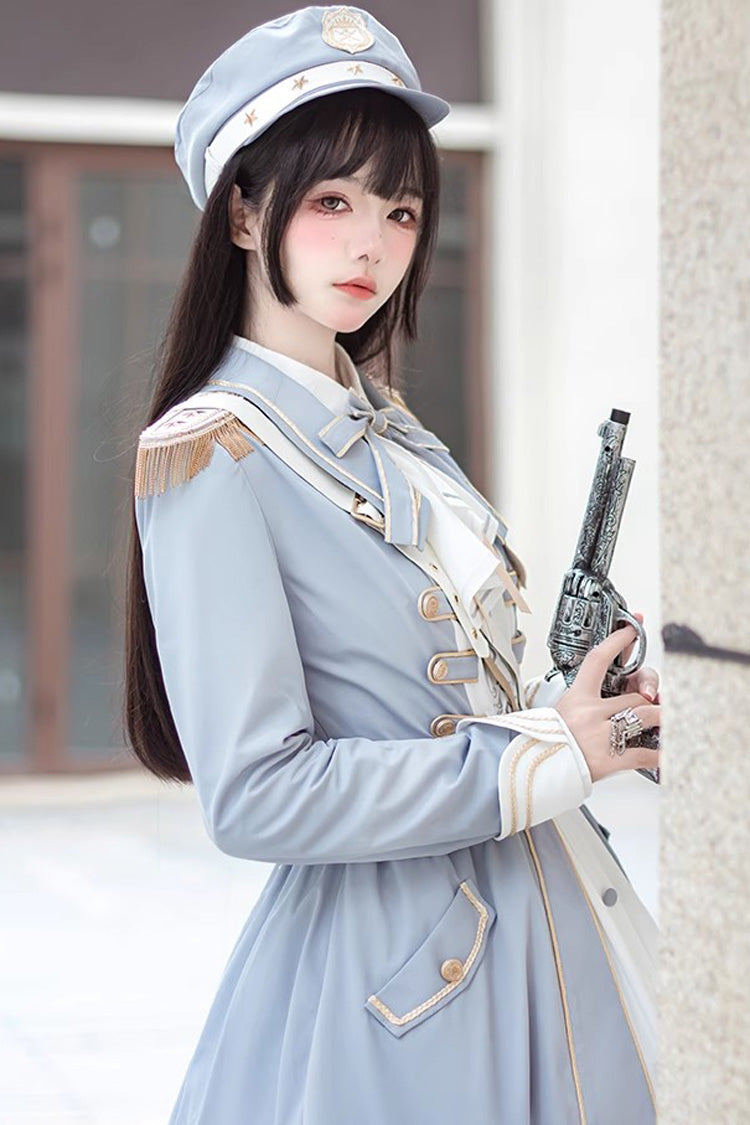 White/Blue Star Ocean Fantasy Cardigan Bowknot Stitching Sweet Military Lolita Dress