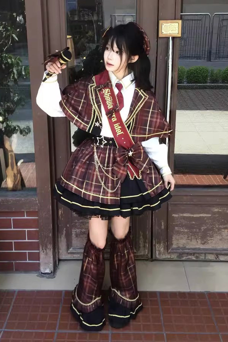 Red Shōwa Little Idol Lapel Collar Long Sleeves Ruffled Open-Front Bow Asymmetric Classic Lolita Skirt Set