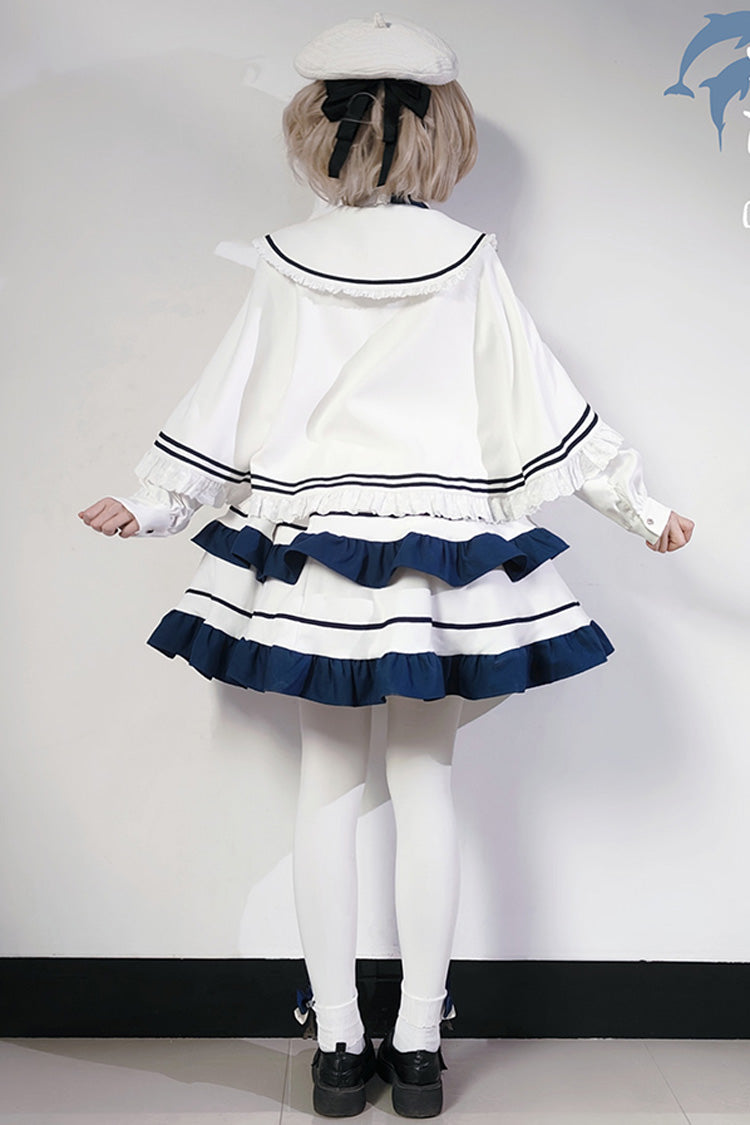 White Long Sleeves Double-Layered Ruffle Sweet College Style Lolita Dress