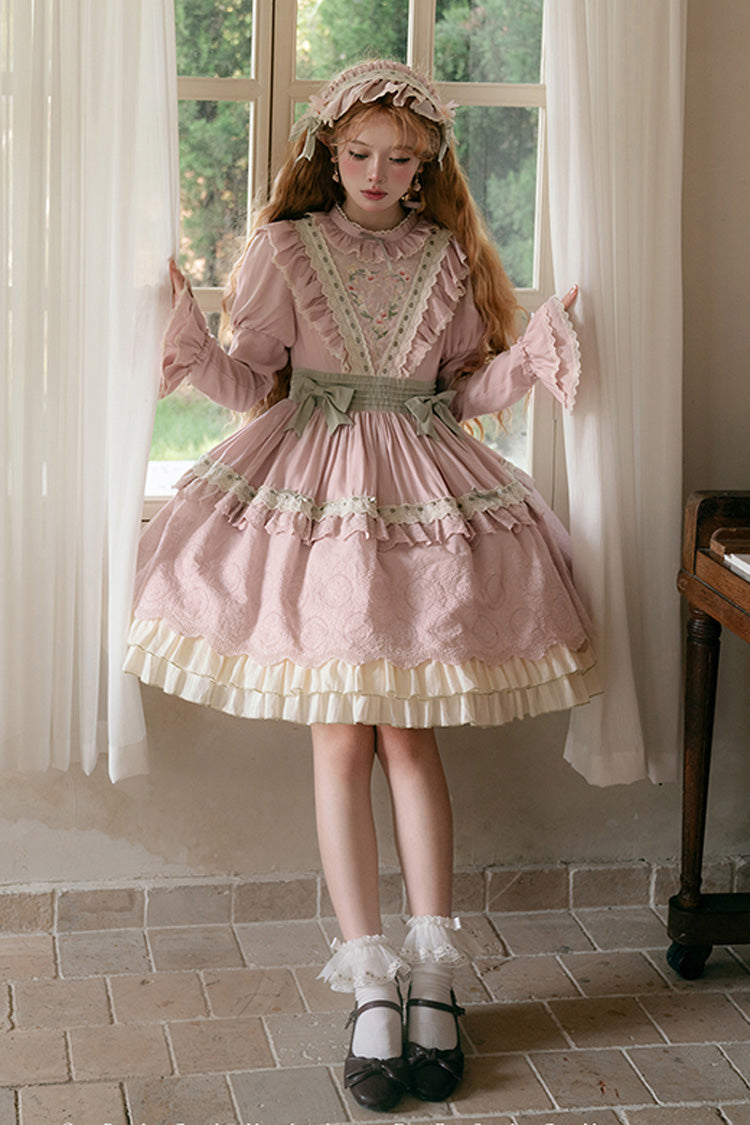Pink Solitary Orchid In Quiet Valley Long Sleeves Multi-Layered Embroidery Bowknot Sweet Lolita Dress