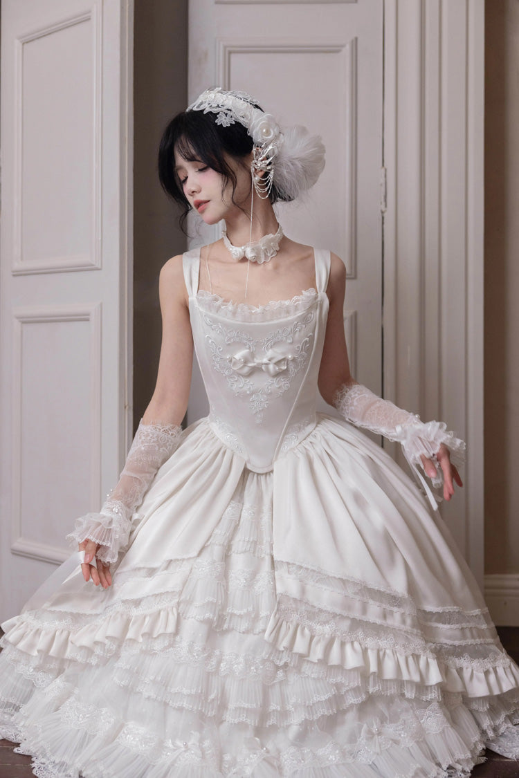 White Promise of the Rose Multi-Layered Ruffled Hanayome Open-Front Bow Sweet Gorgeous Lolita Jsk Dress Set