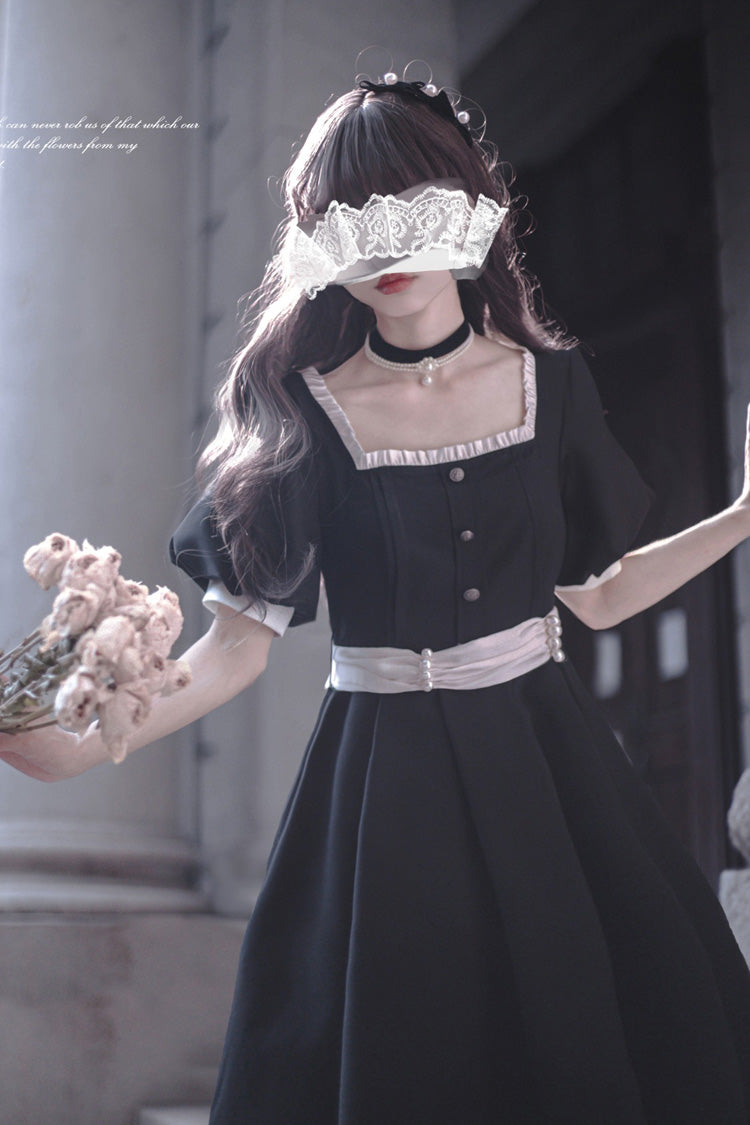 Black Random Thoughts Square Collar Short Sleeves Ruffle Classic Vintage Elegant Lolita Dress