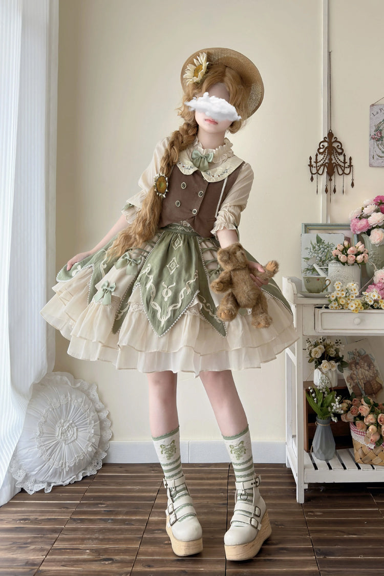 Green The Wizard of Oz Multi-Layered Print Ruffle Bowknot Sweet Lolita Dress Three Piece Set
