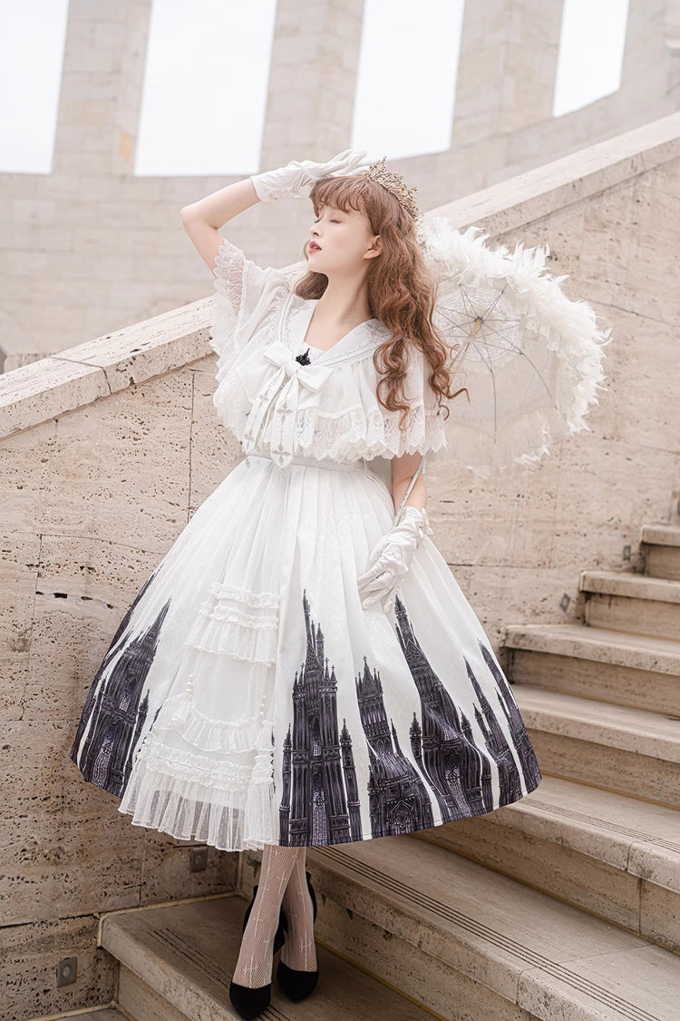 White Sleeveless Print Lace Gothic Vintage Princess Lolita Jsk Dress