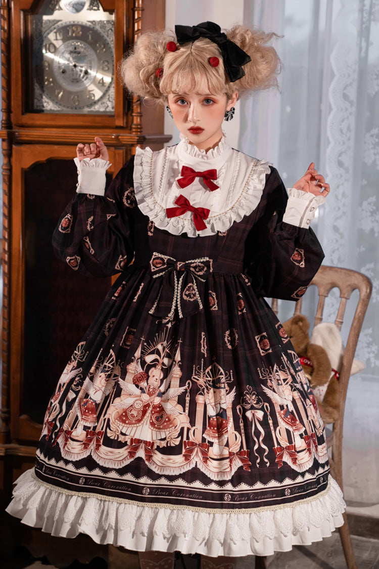 Doll Collar Lantern Long Sleeves Stitching Bear Paradise Print Ruffled Hanayome Sweet Lolita Op Dress