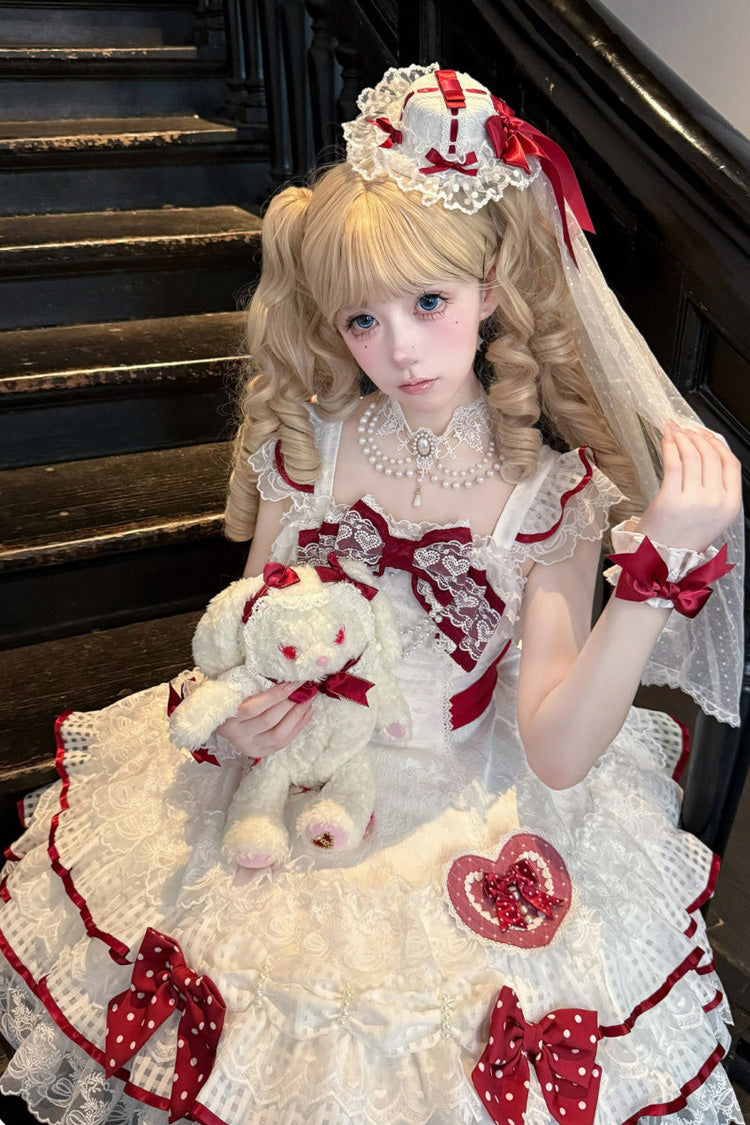 White Polka-Dot Love Letter Sleeveless Double-Layered Bowknot Lace Pearl Sweet Lolita Jsk Dress