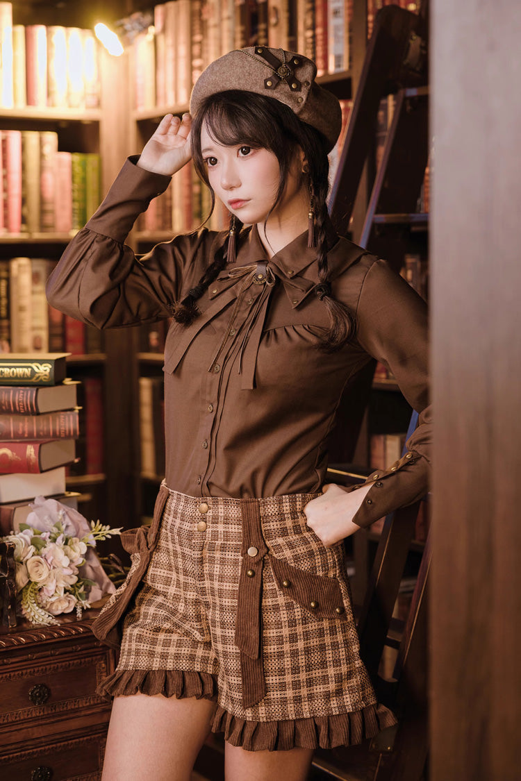 Brown Print Ruffle Lace-Up Rivet Vintage Ouji Lolita Shorts
