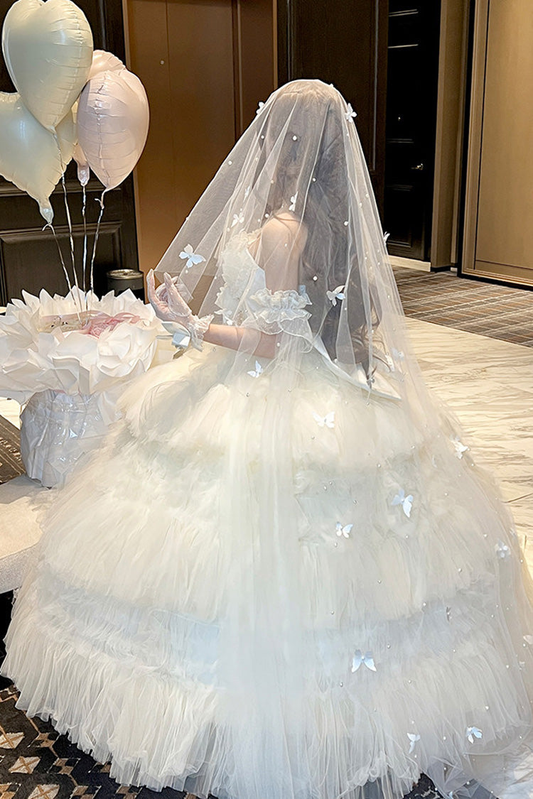 White Maiden's Love Off Shoulder Triple-Layered Ruffled Hanayome Bow Lace Sweet Princess Lolita Dress