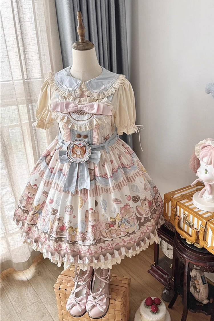 Multi-Color Sleeveless Cat Dessert Print Ruffle Bowknot Lace Sweet Japanese Lolita Strap Dress