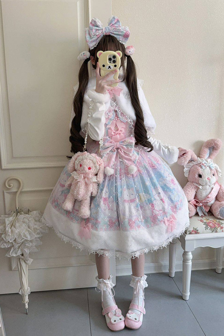 Pink/Blue Candy Mary Cat Printed Ruffled Embroidered Bow Lace Sweet Lolita Jsk Dress