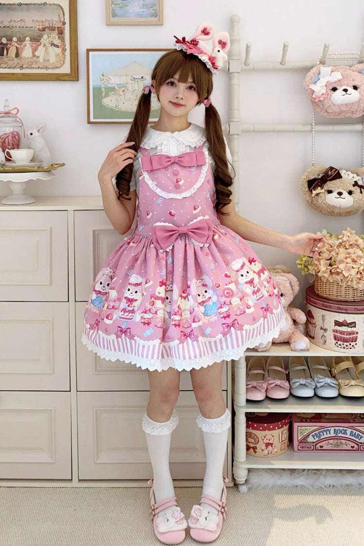 Pink Cupid Bunny Printed Sleeveless Bow Sweet Princess Lolita Strap Dress