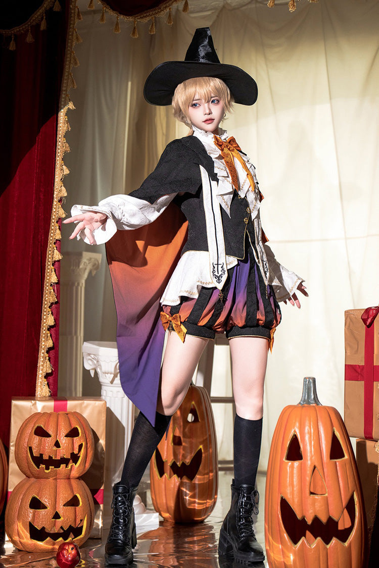 Black/Brown Little Devil Stand Collar Long Sleeves Gradient Print Ruffle Bowknot Gothic Prince Ouji Lolita Set