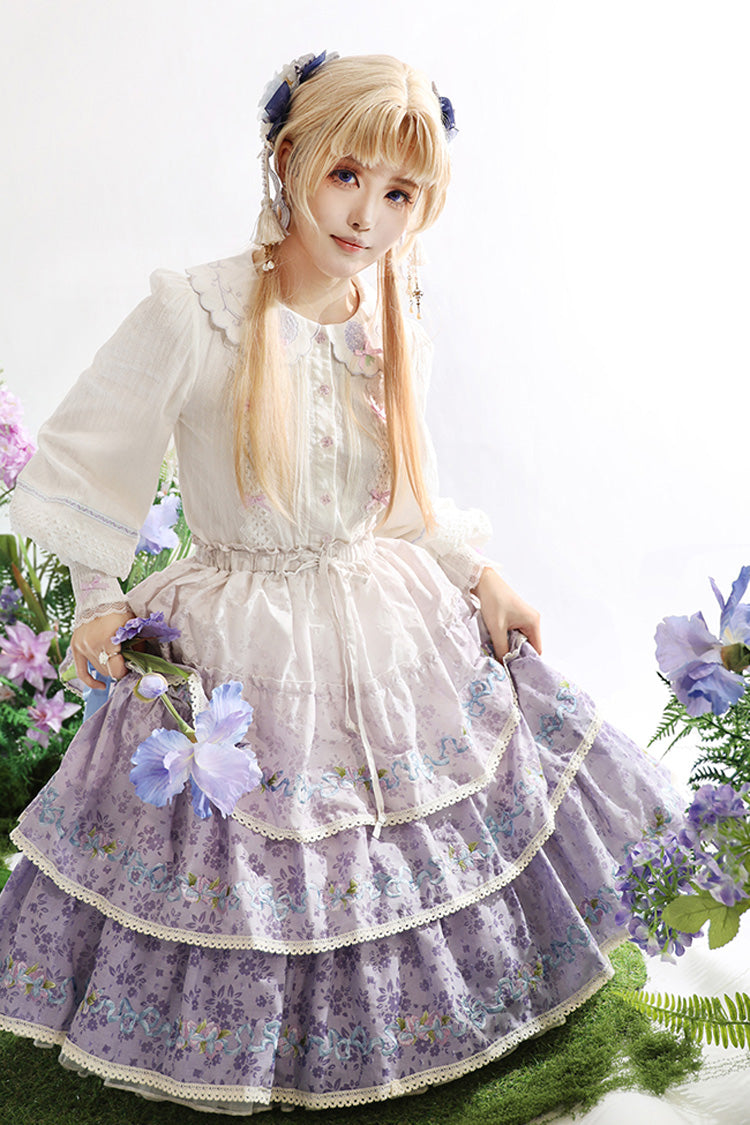 Purple Moonlight Iris Triple-Layered Print Ruffle Embroidery Lace Sweet Lolita Skirt