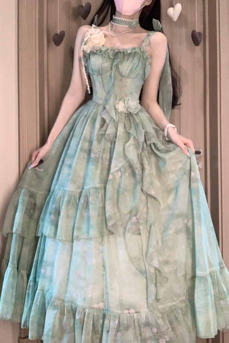 Green Forest Garden Print Ruffle Bowknot Sweet Lolita Jsk Long Dress