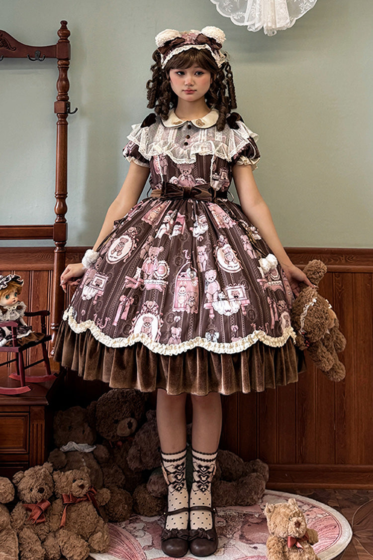 Brown Bear Doll Wall Print Short Sleeves Ruffle Embroidery Bowknot Sweet Lolita Dress