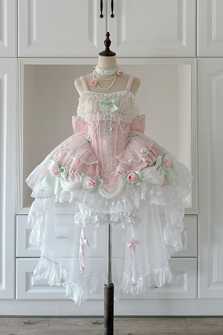 Pink Honey Rose Sleeveless Ruffle Embroidery Bowknot Lace Pearl Sweet Lolita Jsk Dress