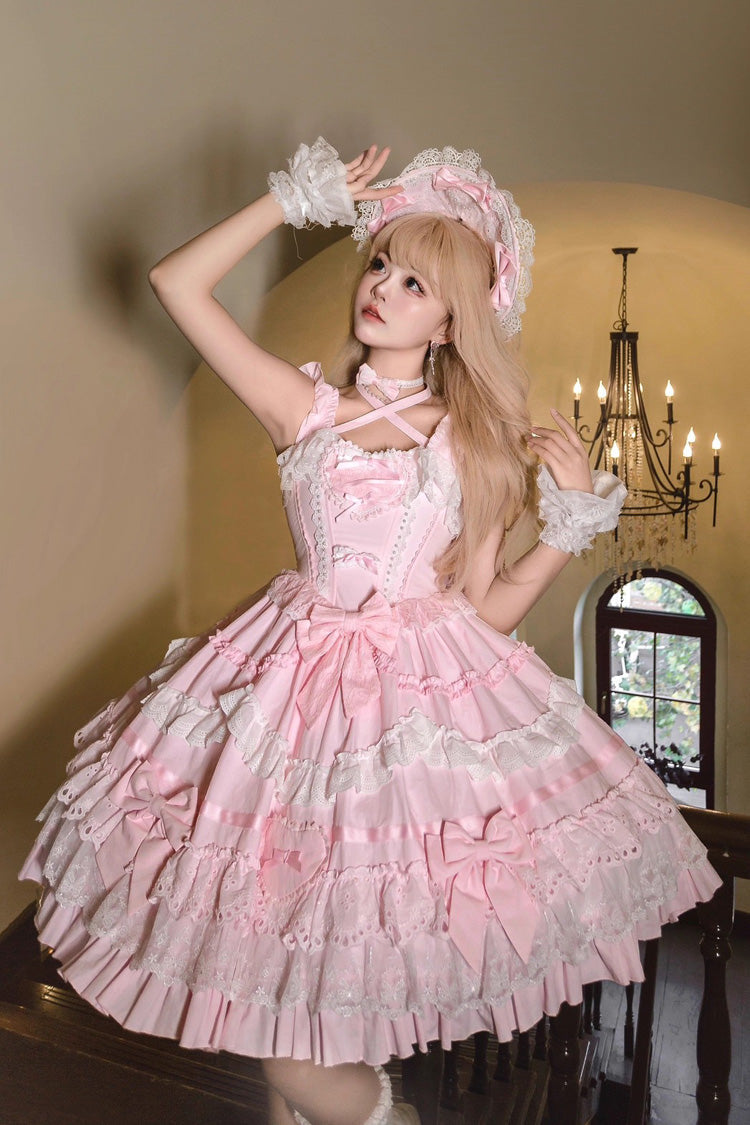 Pink Super Cute Belia Sleeveless Triple-Layered Ruffle Bowknot Lace Sweet Elegant Lolita Jsk Dress
