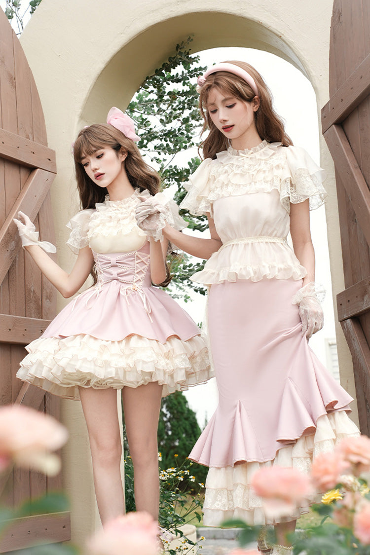 Pink Love Diary Multi-Layered Ruffle Bowknot Lace-Up Sweet Lolita Jsk Bustier Dress