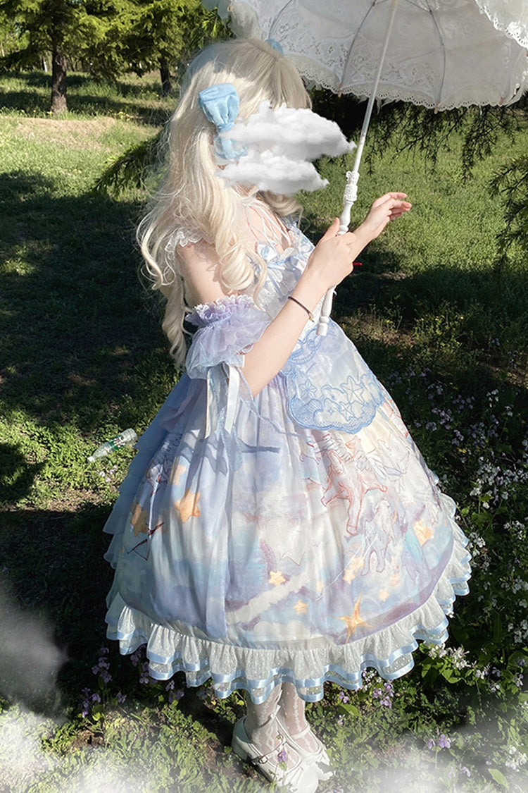 Blue Walking In The Clouds Print Ruffle Bowknot Lace Sweet Lolita Jsk Dress Full Set