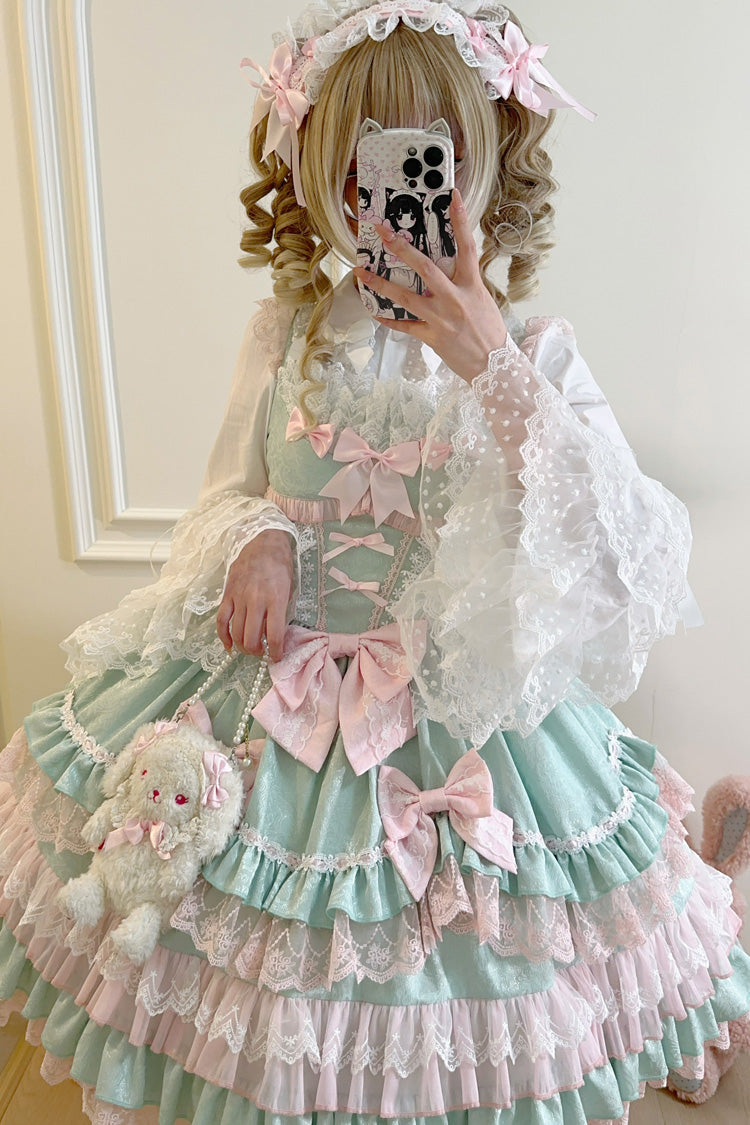 Green Multi-Layered Ruffle Bowknot Stitching Lace Sweet Lolita Jsk Dress