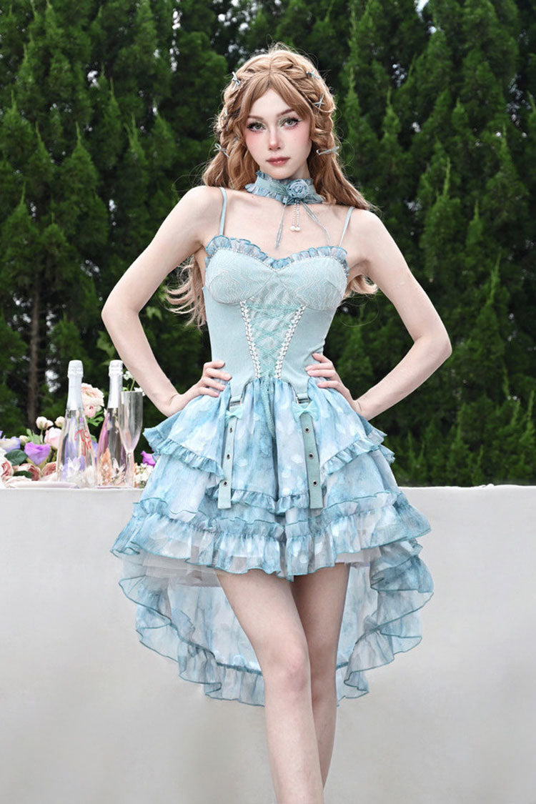 Blue Mirrorless Dream Double-Layered Tie-dyed Print Ruffle Bowknot Lace Train Sweet Lolita Jsk Dress