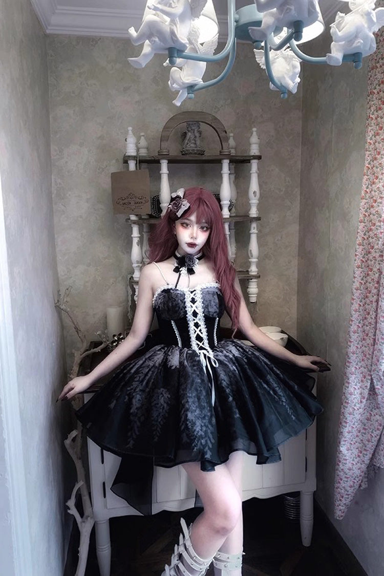 Black Sleeveless Ruffle Bowknot Gothic Princess Fish Bone Bridesmaid Lolita Jsk Dress