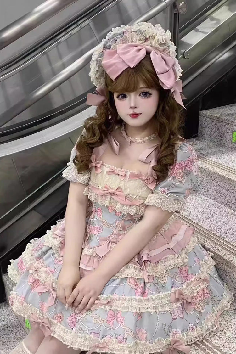 Blue/Pink Gem Rose Multi-Layered Ruffle Bowknot Lace Sweet Princess Lolita Skirt 2 Versions