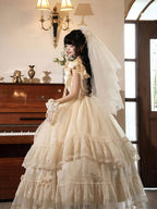 Hime Lolita Tea Party Fashion Camellia Moonlight Ivory White Wedding Ruffled Ball Gown