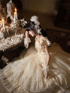Hime Lolita Tea Party Fashion Camellia Moonlight Ivory White Wedding Ruffled Ball Gown