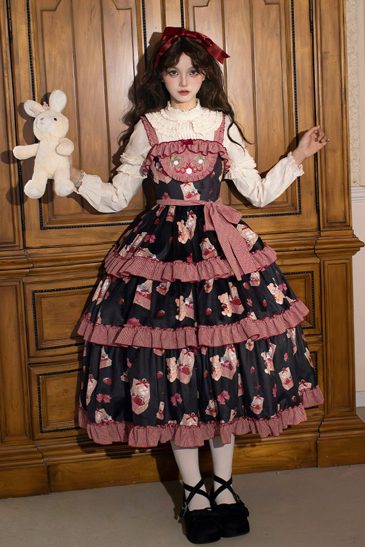 Blue/Pink Bell Strawberry Farm Embroidery Print Triple-Layered Ruffle Sweet Lolita JSK Dress