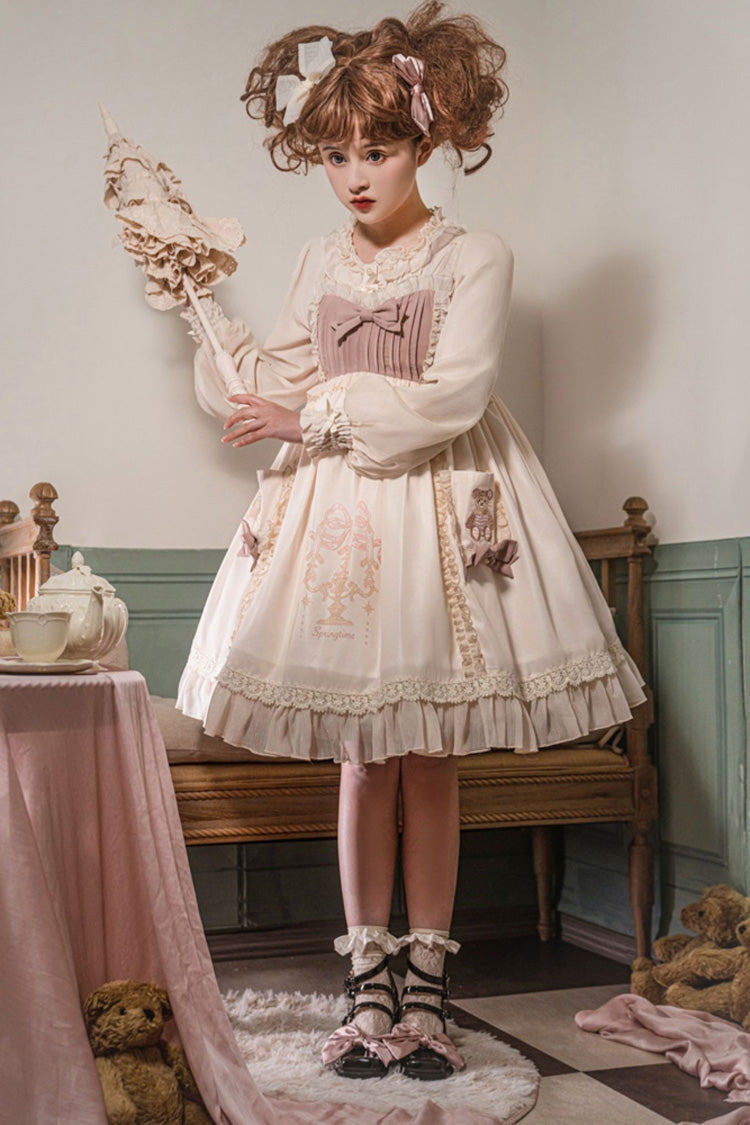 White/Pink Sleeveless Good Night Bear Print Sweet Lovely Lolita Dress