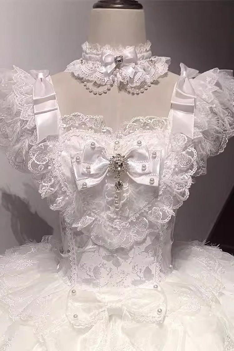 White Ballad of Feathers Sleeveless Multi-Layered Ruffle Hanayome Bowknot Sweet Lolita Jsk Dress