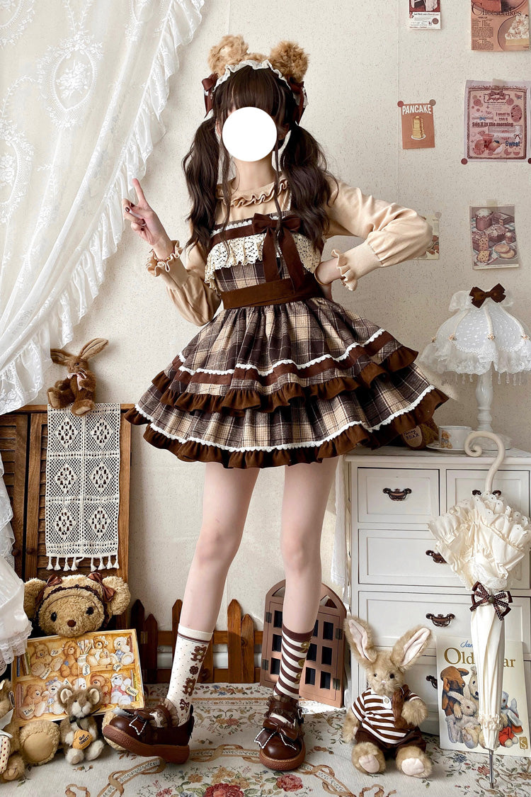 Brown Sleeveless Double-Layered Plaid Print Ruffle Bowknot Lace Sweet Lolita Jsk Dress
