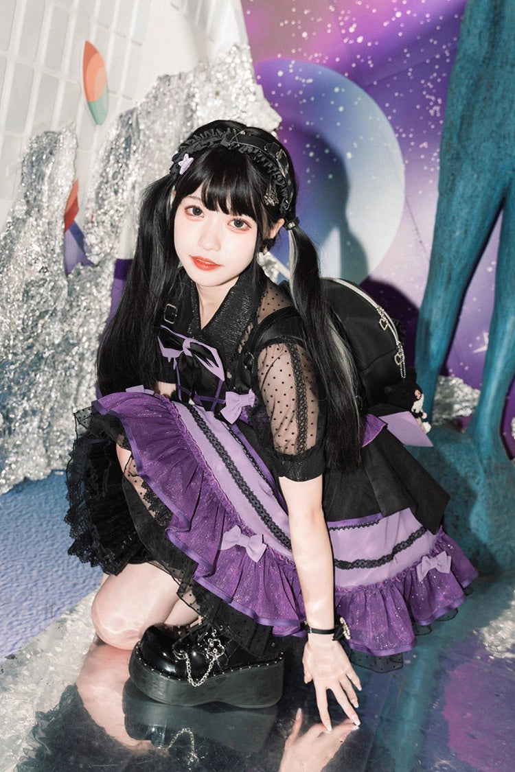 Black/Purple Cotton Cloud Lapel Collar Ruffle Bowknot Lace-Up Gothic Lolita Jsk Dress