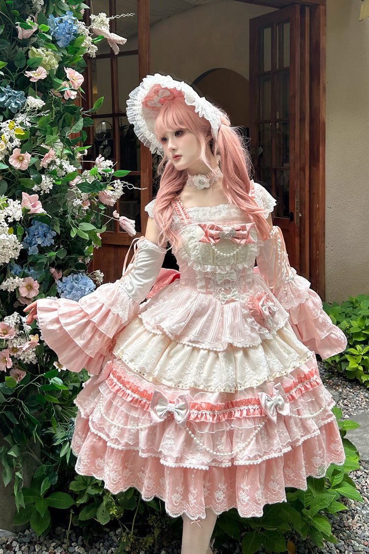 Pink Falling Sakura Multi-Layered Ruffled Hanayome Bow Lace Sweet Plus Size Princess Lolita Jsk Dress