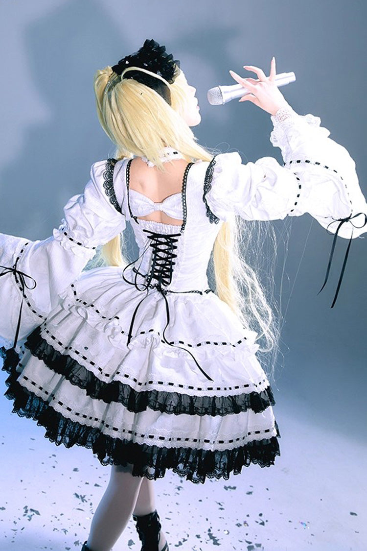White Witch Long Trumpet Sleeves Double-Layered Ruffle Bowknot Lace-Up Gothic Lolita Skirt Dress Set
