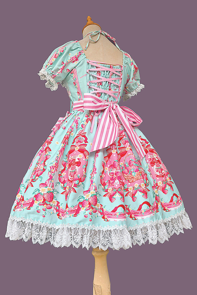 Strawberry Chef Short Sleeves Print Bowknot Lace Sweet Lolita Dress 4 Colors