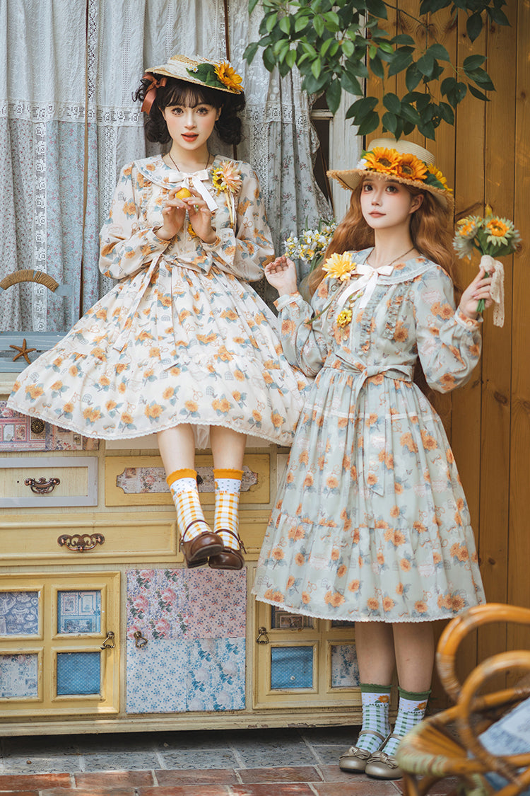 Green Gardening Sunflower Long Sleeves Print Ruffle Bowknot Sweet Elegant Lolita Dress